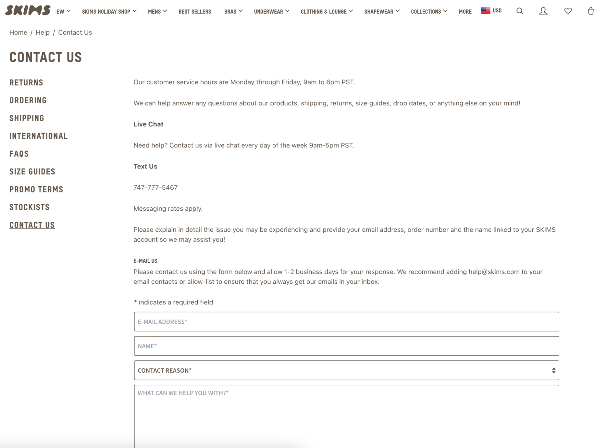 Image of SKIMS contact page with form to fill out