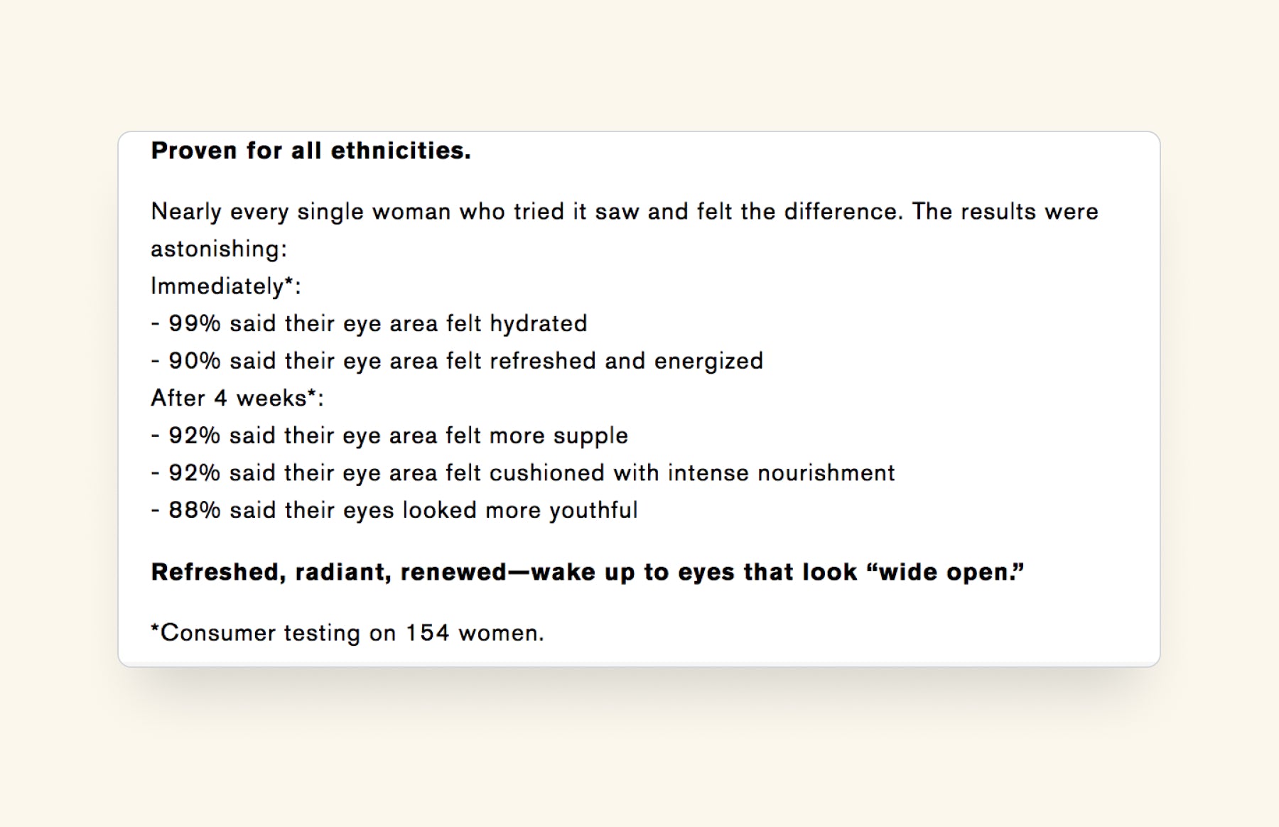 list of results for women of all ethnicities including hydrated eye area and more youthful looking eyes