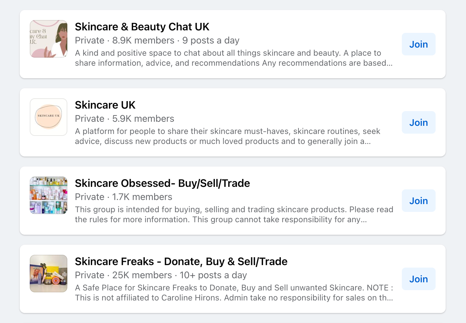 Four types of facebook groups that appear when searching for skincare.