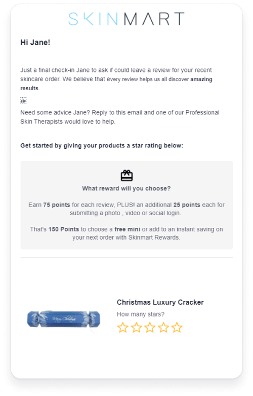 An email from SkinMart offering a reward if customers leave a review about a recent purchase.