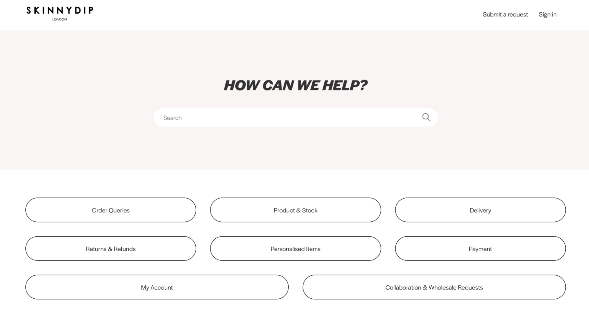 Skinnydip London’s FAQ page with questions grouped into categories and a search bar