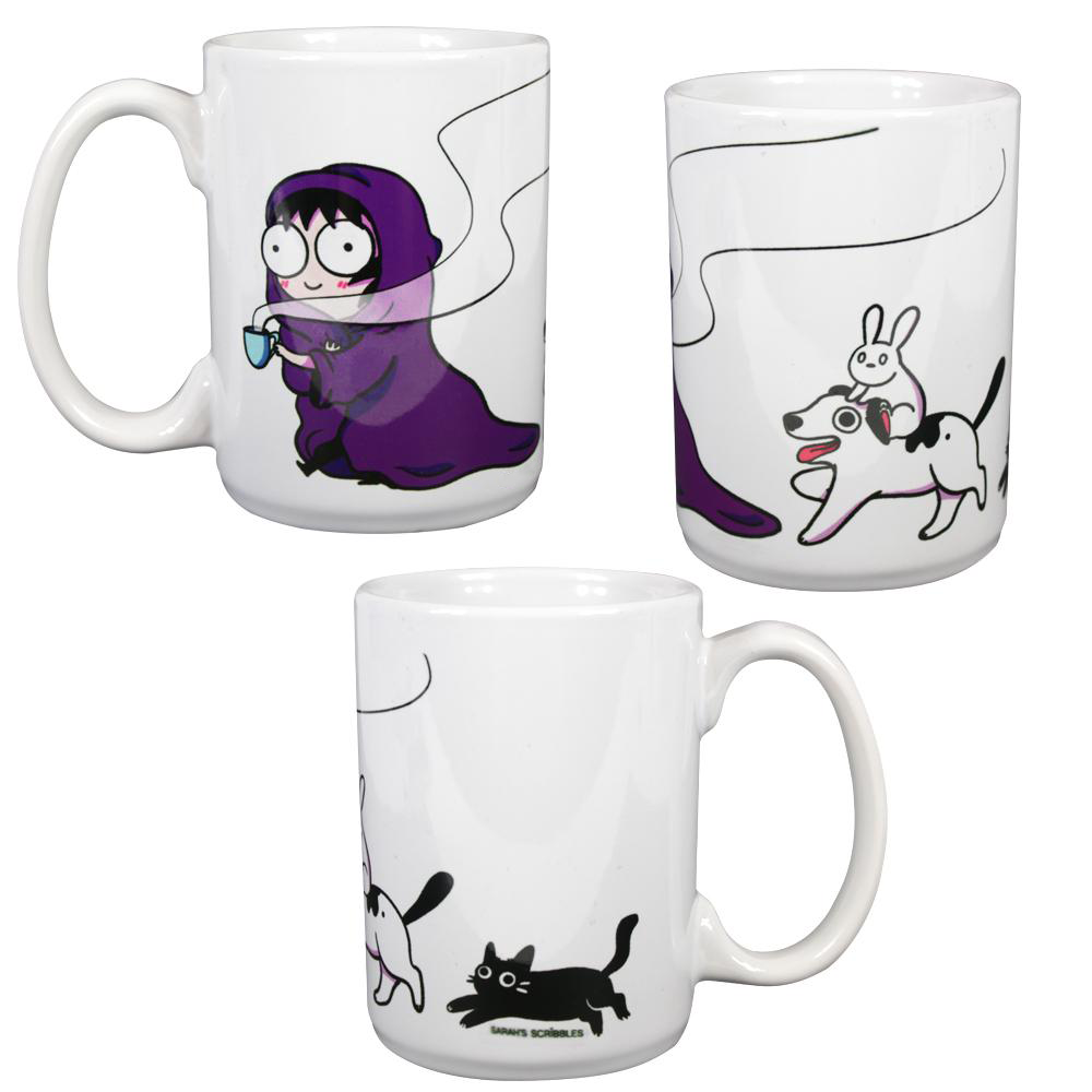 A multi-view of Sarah’s Scribbles mug to showcase the different characters. 