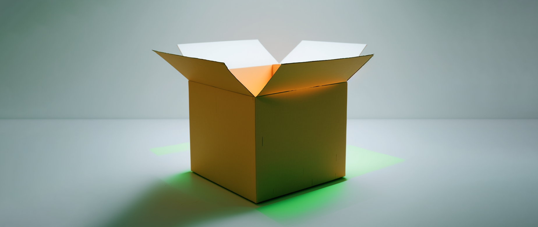 An open cardboard box with glowing green light beneath it