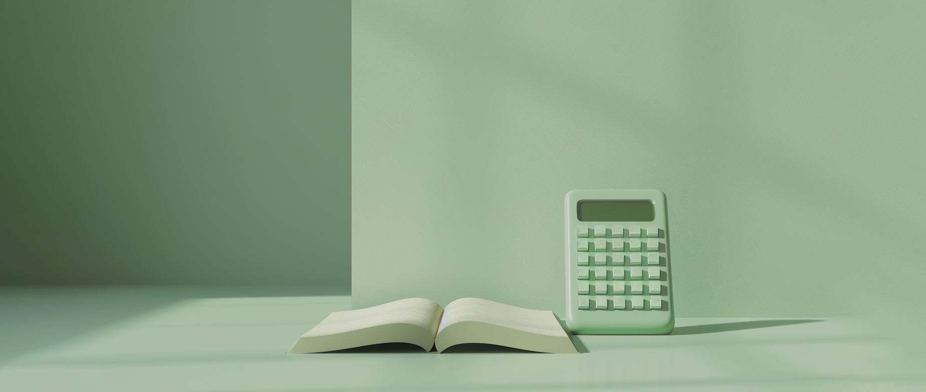An open book next to a calculator on a green background.