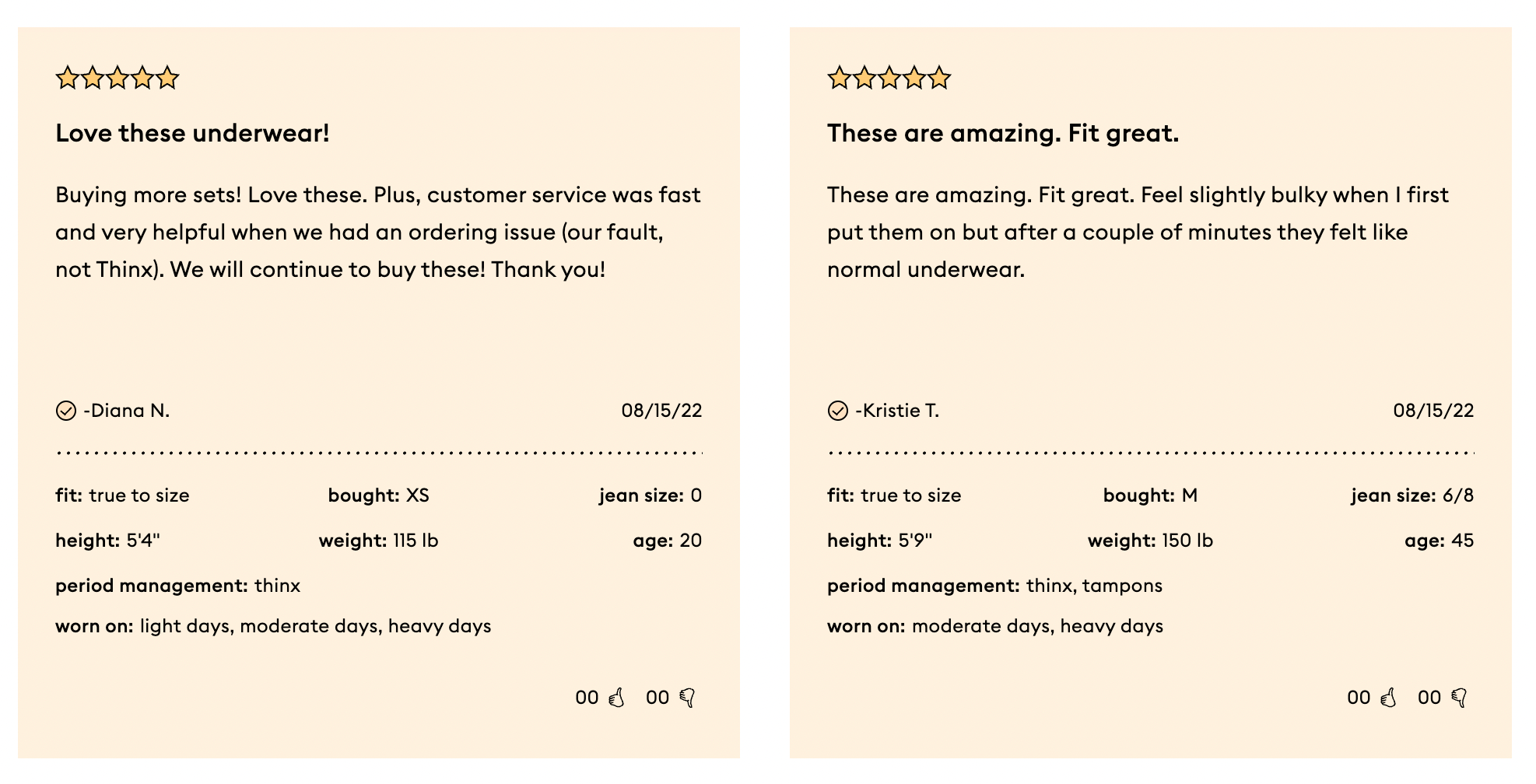 Two sample customer reviews from Thinx's website