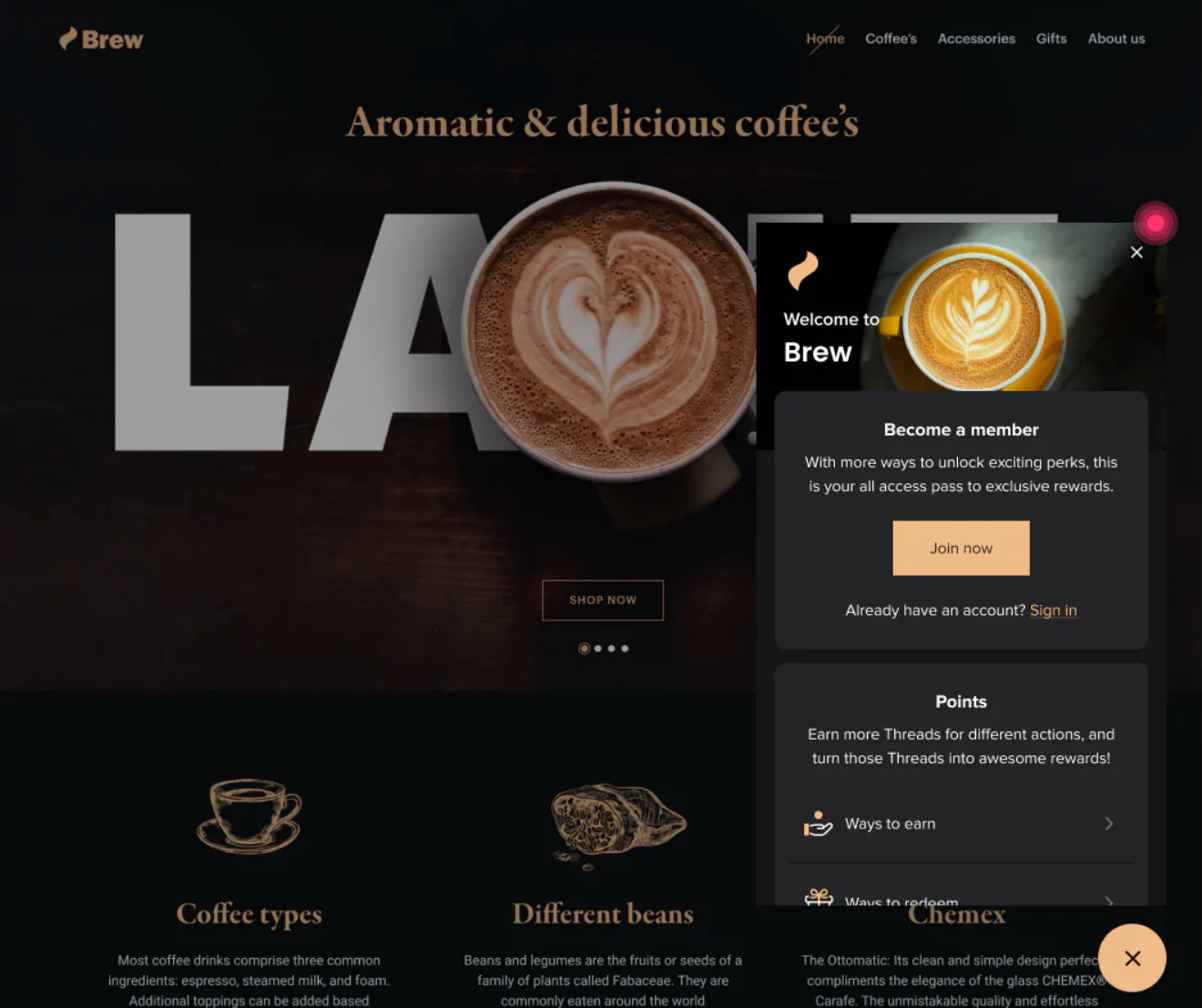 Coffee company’s website homepage with embedded Smile app UI prompting to join the loyalty program.