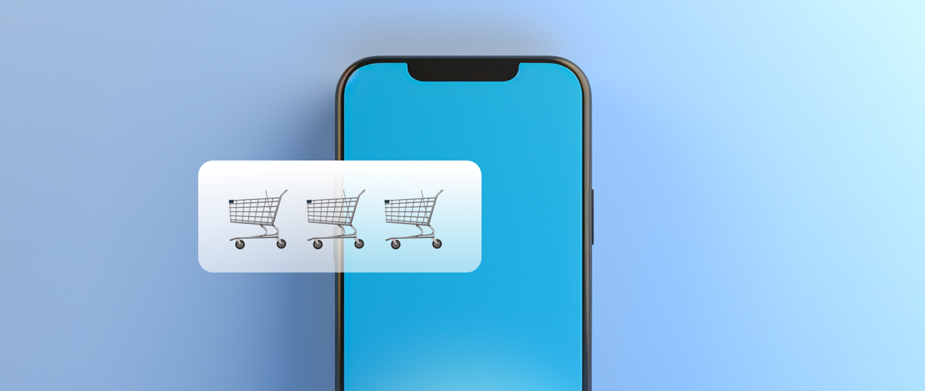 A phone with a blue screen and three shopping cart icons on a blue background.