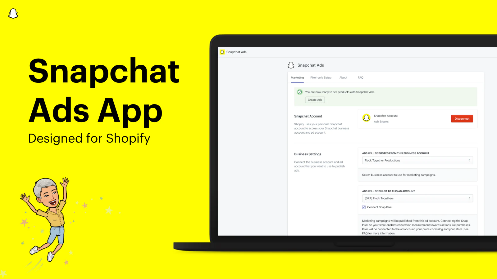 A screenshot of the Snapchat ads app next to the text, Snapchat ads app designed for Shopify on a yellow background