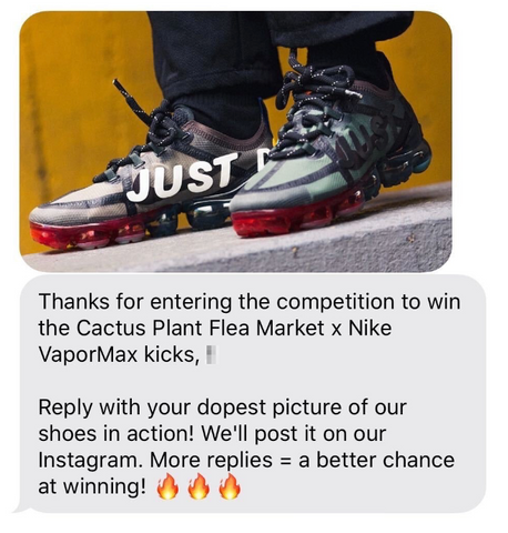 An SMS message with an image of sneakers thanks a recipient for entering a giveaway.