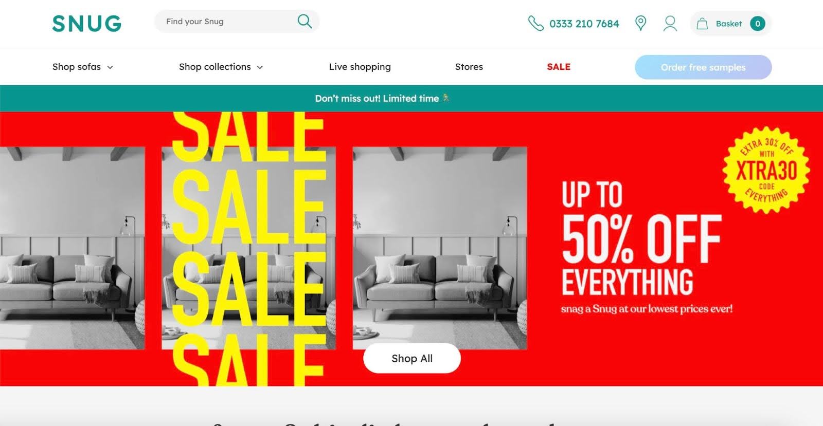 Snug homepage featuring sofas on three panels and sale promo text on red background.