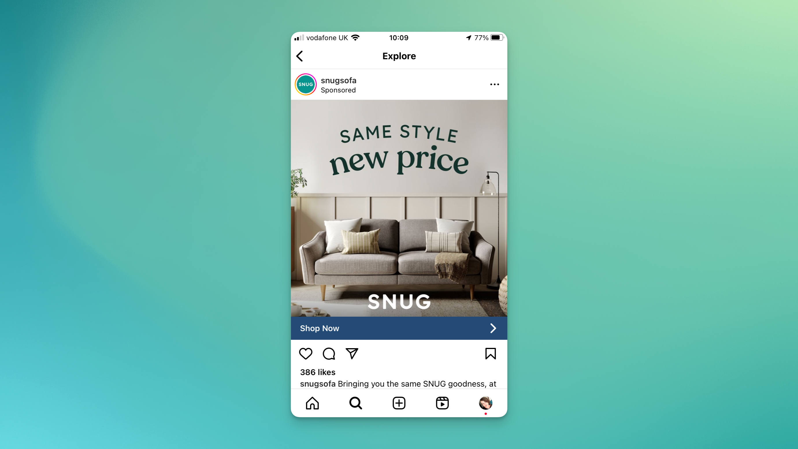 An Instagram photo ad from Snug features a gray sofa with teal text that reads “same style, new price”