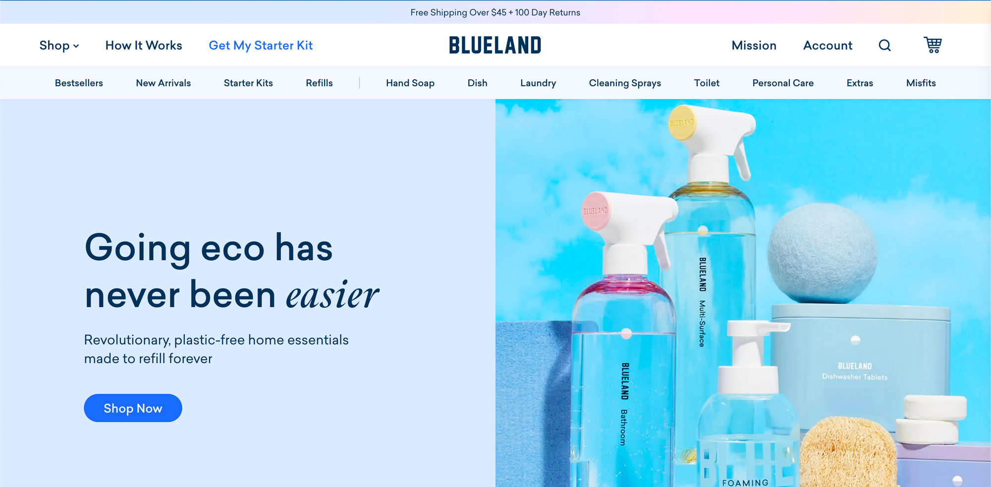 A screenshot of the Blueland website showcasing its cleaning products with the tagline “Going eco has never been easier.”