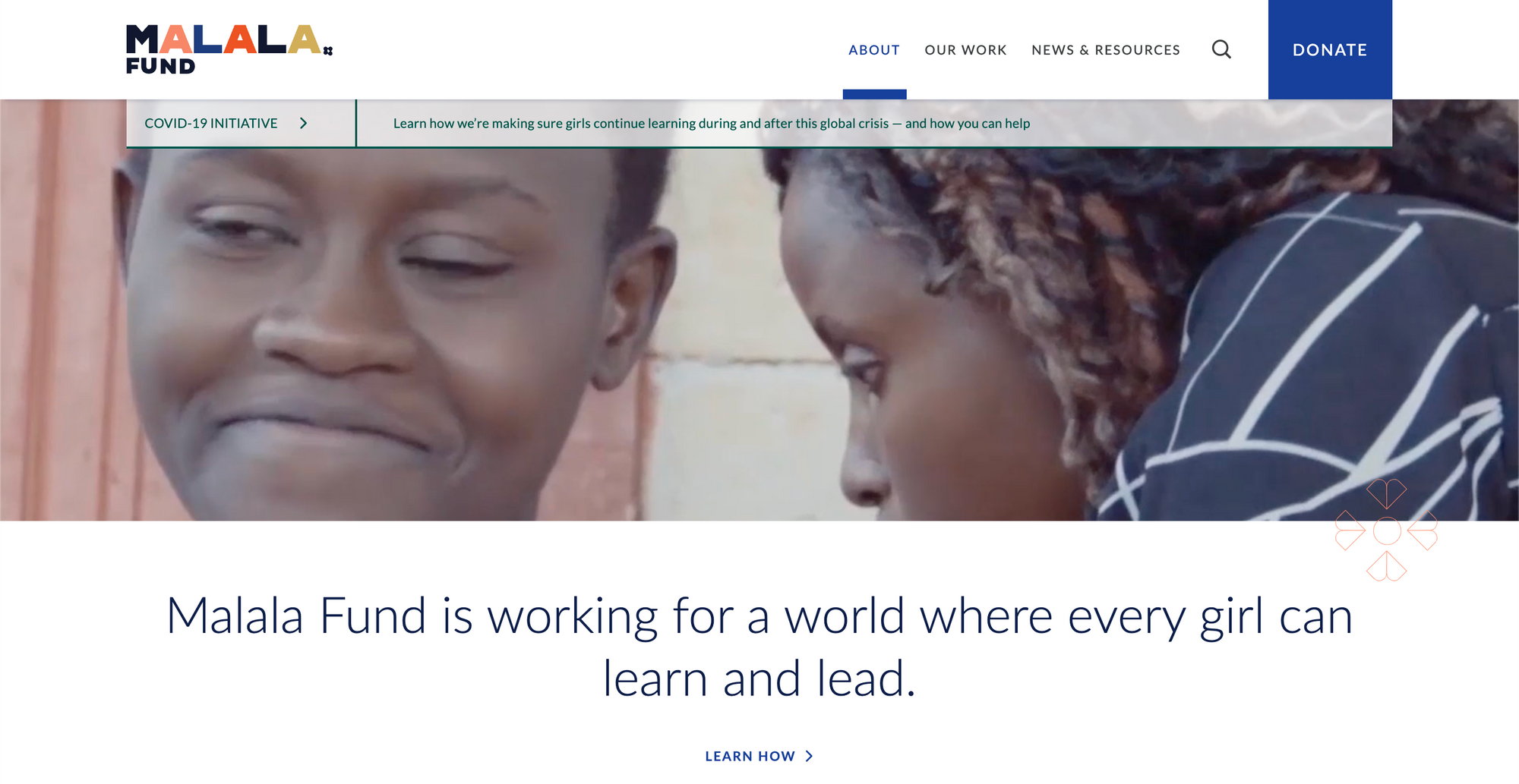 A screenshot of the Malala Fund website that says Malala Fund is working for a world where every girl can learn and lead.