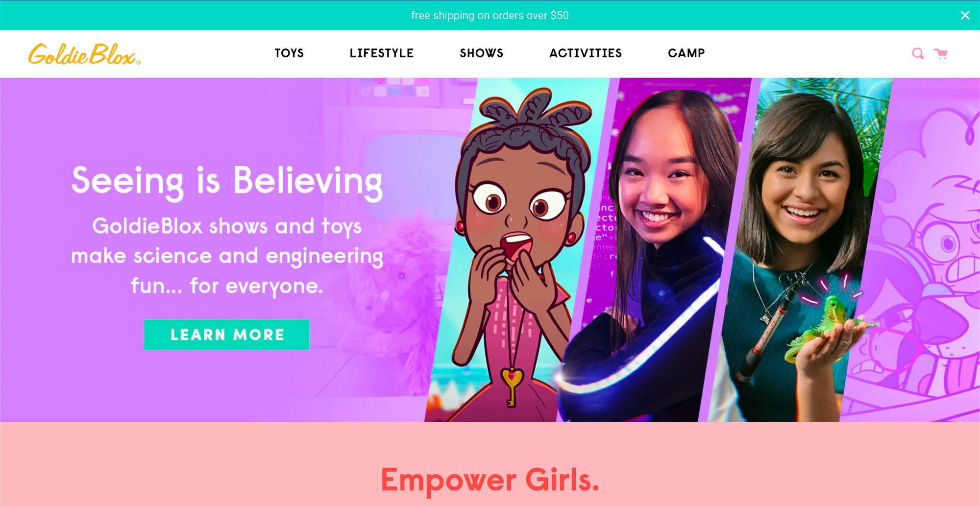 A screenshot of GoldieBlox’s website, with a tagline that says Seeing is Believing.