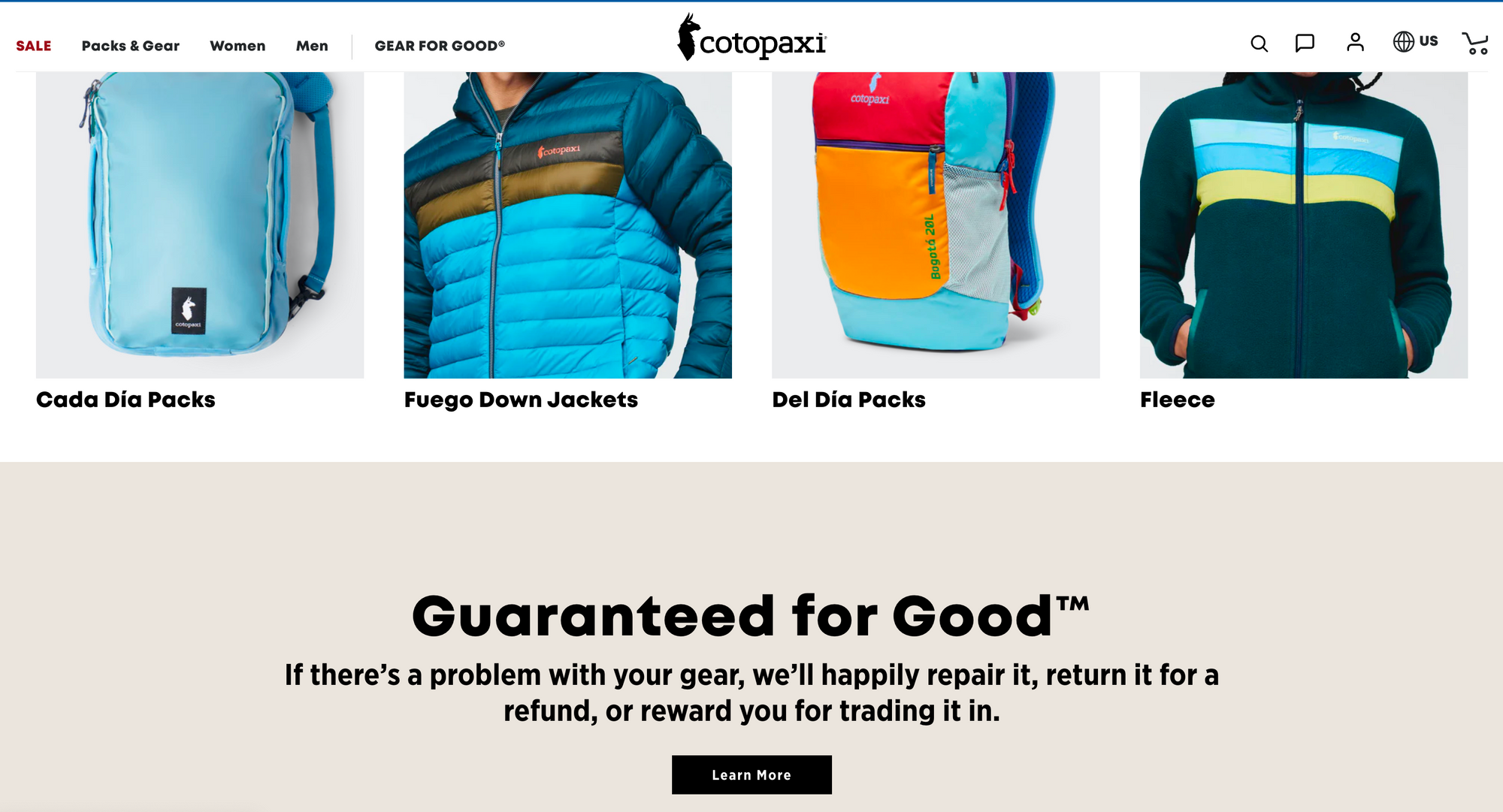 A screenshot of Cotopaxi’s website that shows its outerwear products.