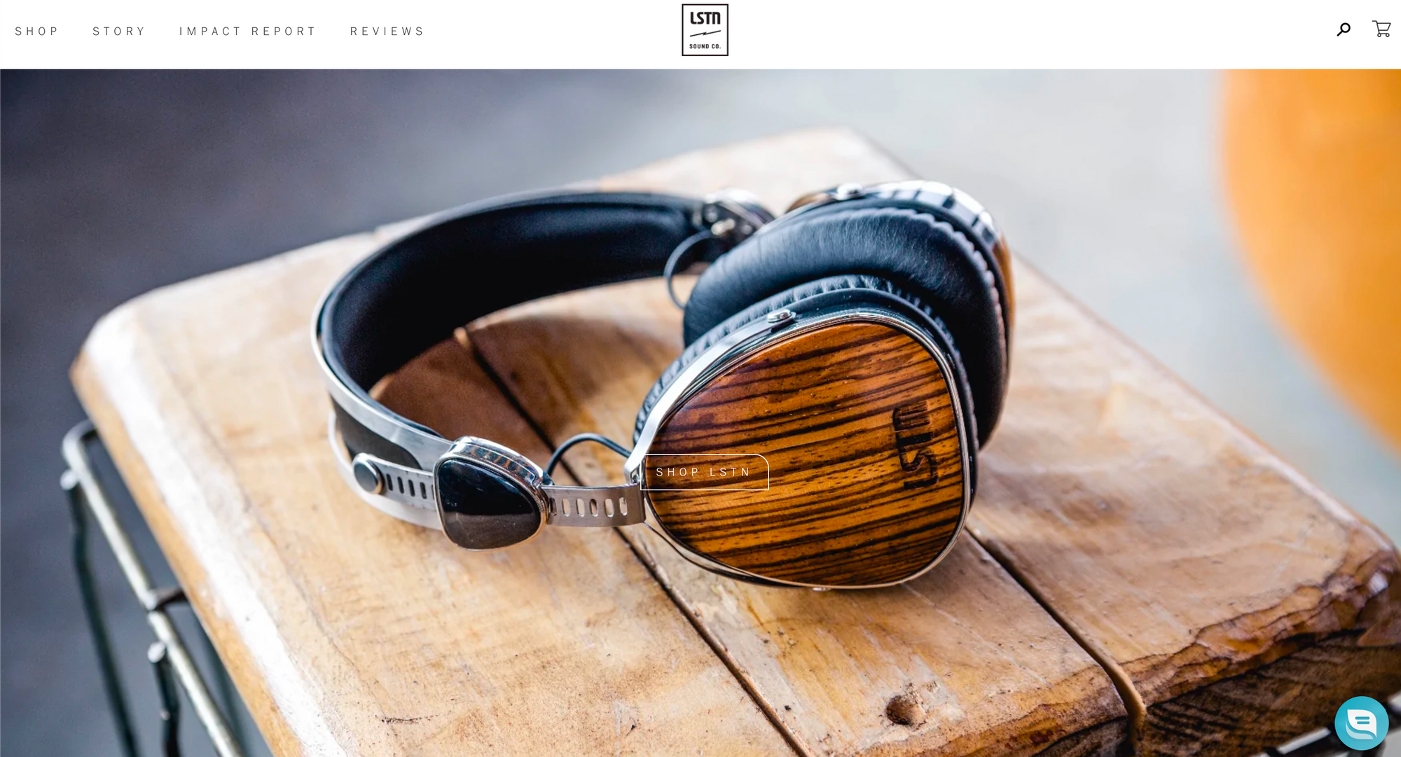 A screenshot of LSTN’s website showing its wooden headphones.