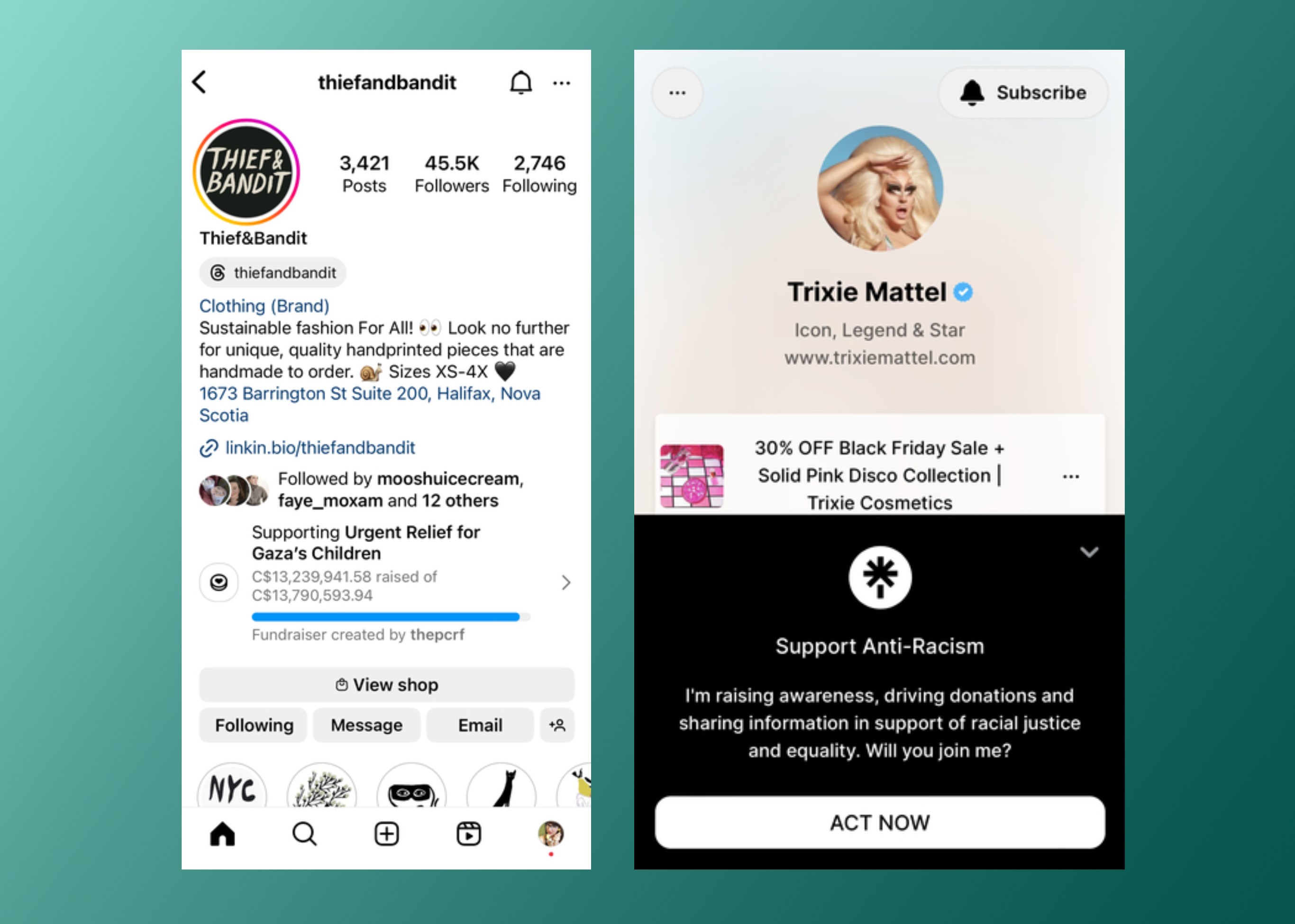 Vue mobile de deux profils Instagram de Thief & Bandit et Trixie Mattel