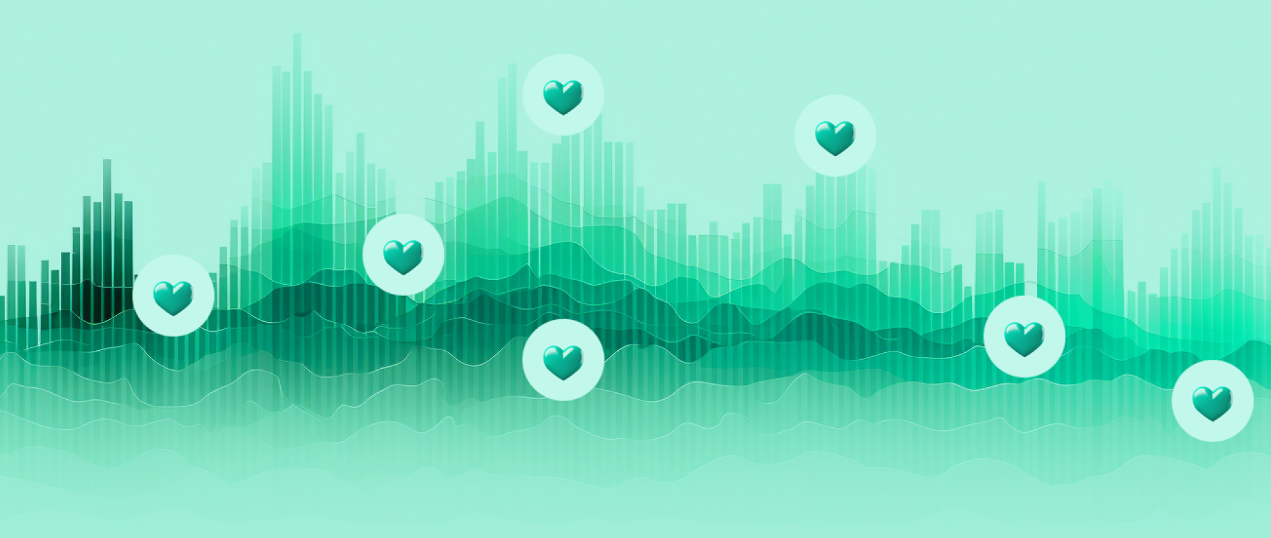 A bar graph with waves and heart icons on a blue green background.