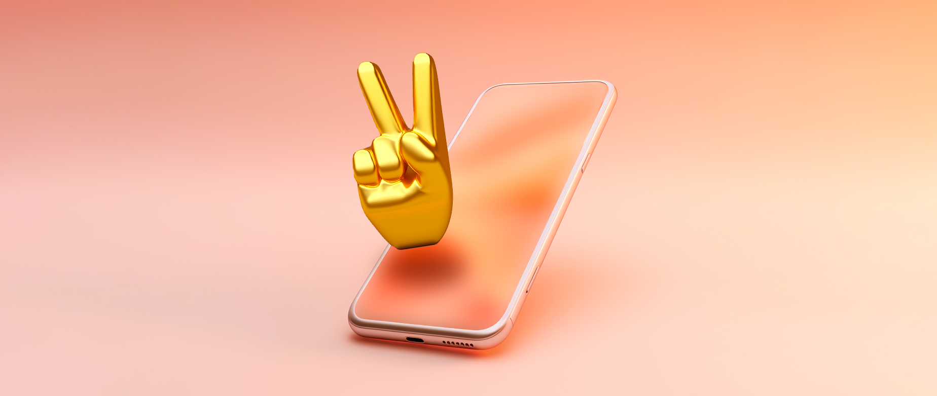 A gold hand giving a peace sign next to a phone on a peach background.