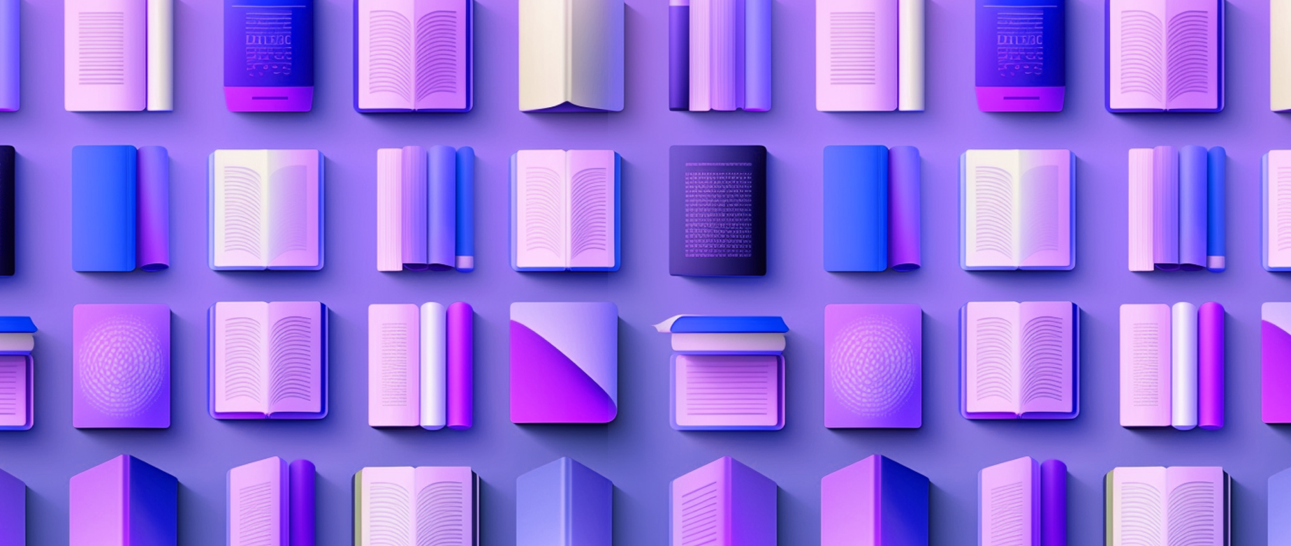 An array of multicolored blue and purple books on a light purple background.