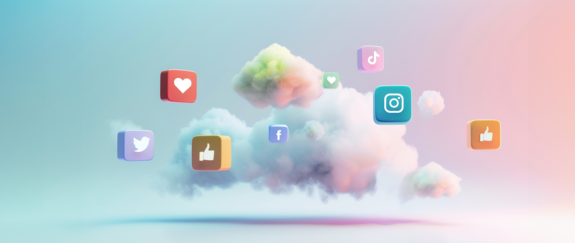A cloud with social media logos floating around it on a blue and pink background.