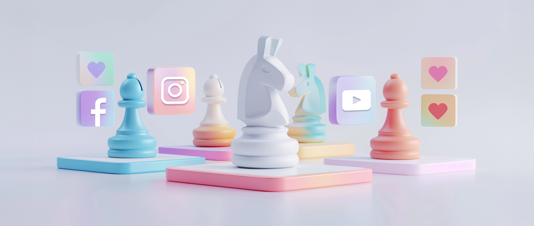 chess pieces with various social media platform icons representing a social media marketing strategy