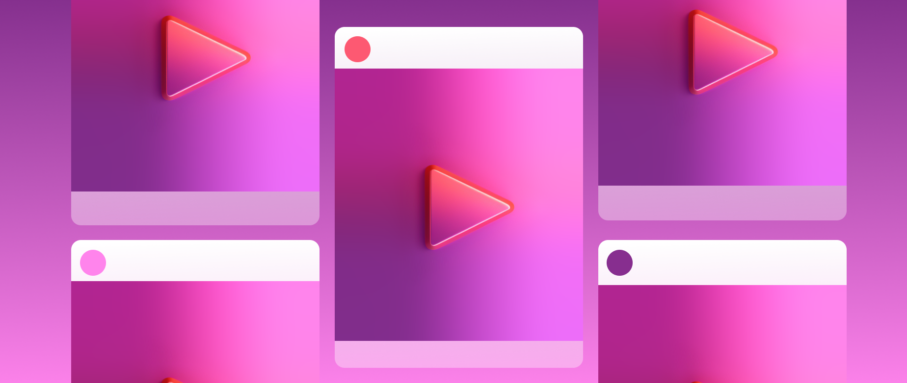 An array of pink purple social media video icons with play symbols.