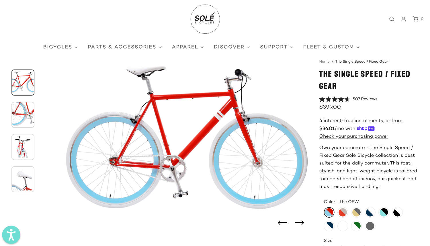 An ecommerce webpage for Sole bicycles