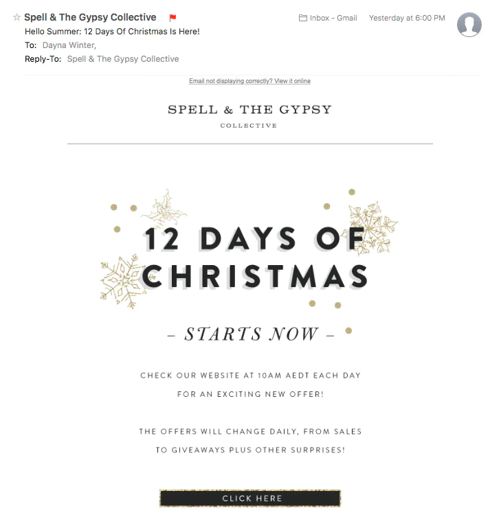 An email from Spell announcing its 12 days of Christmas event