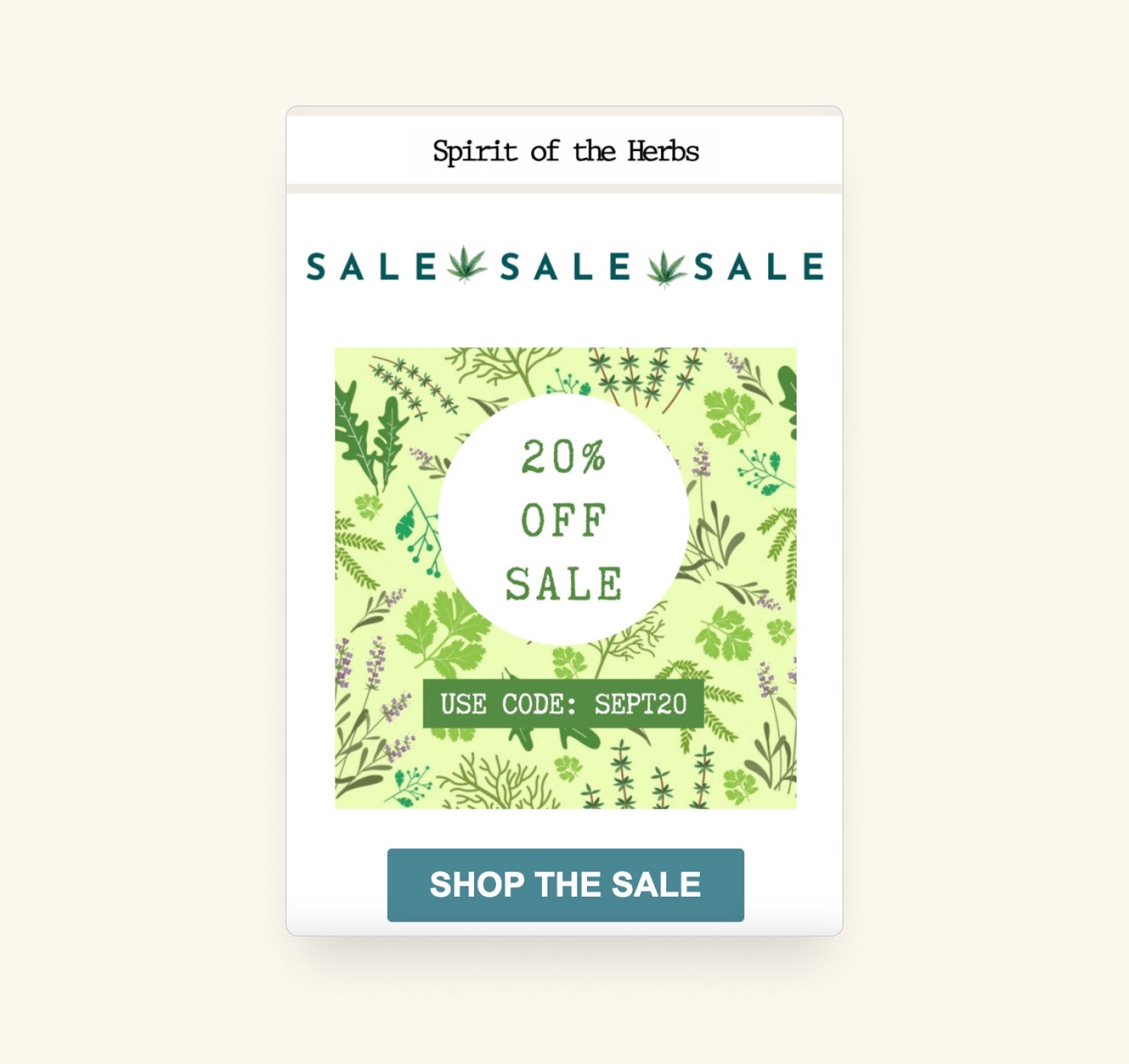 Email from Spirit of the Herbs that announces a 20% off sale with a discount code.