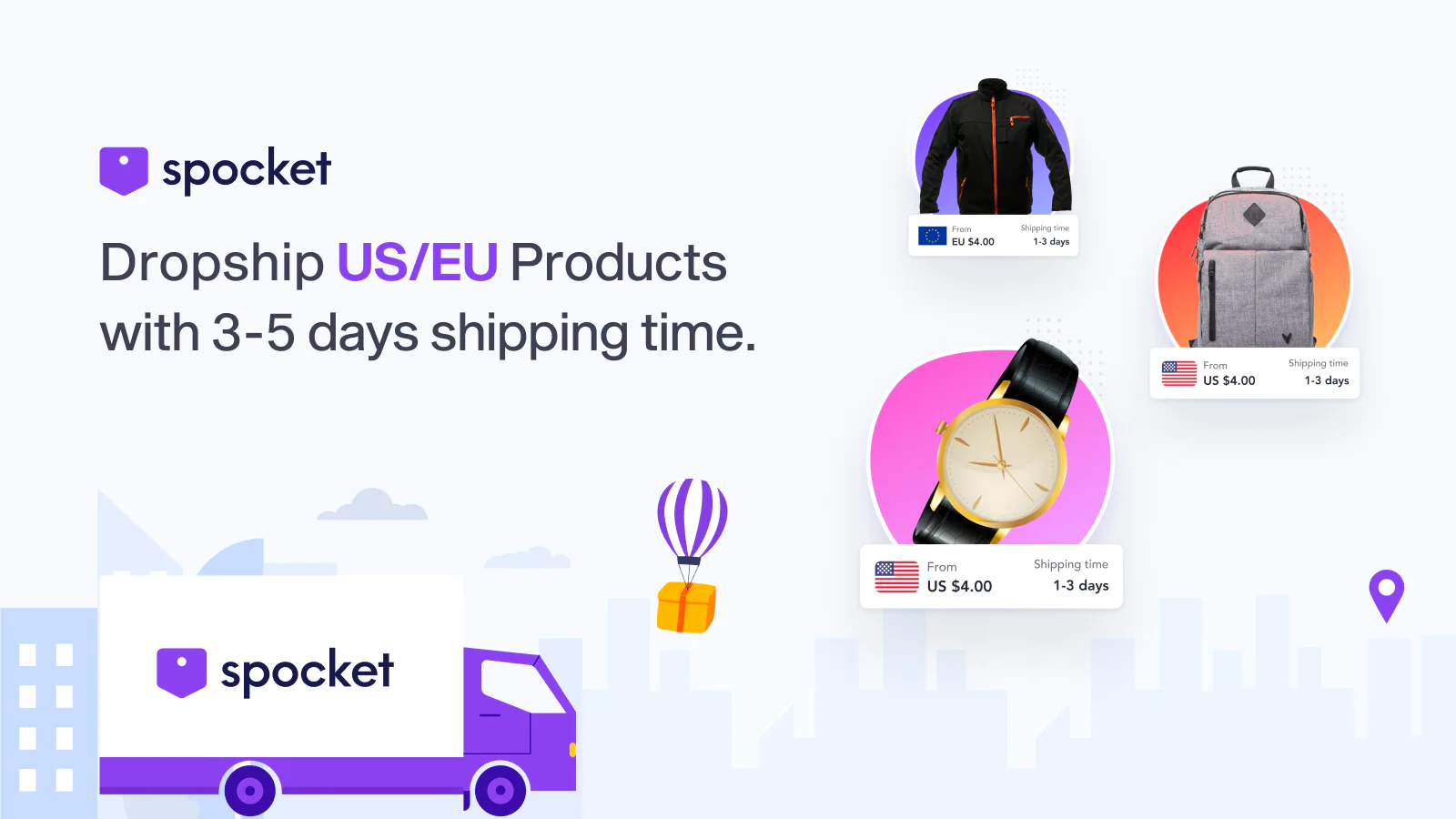 A slide promoting the app Spocket, which connects stores with suppliers that ship directly to customers.