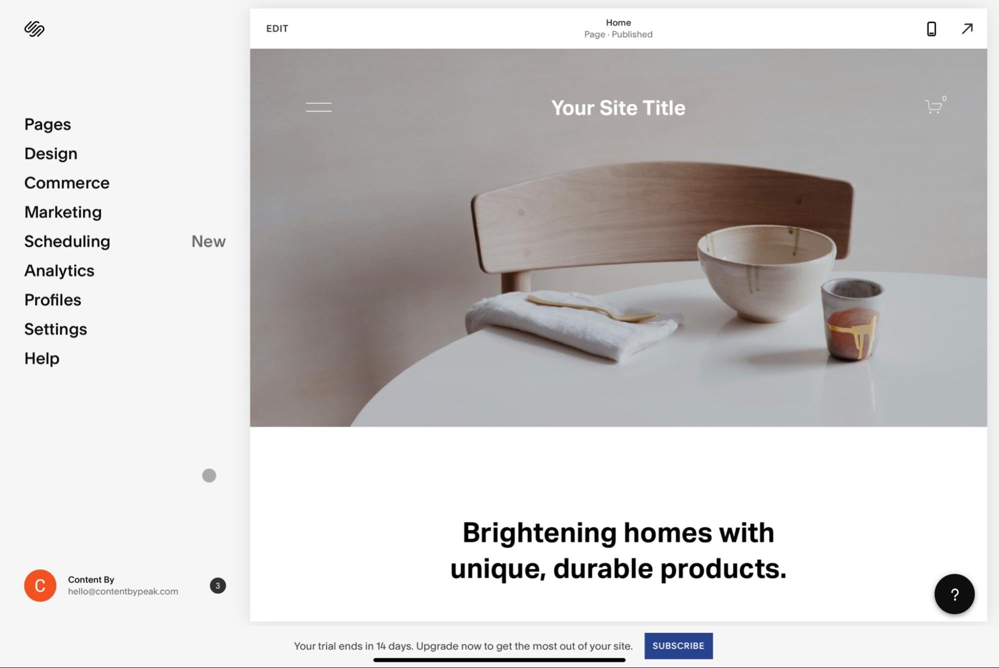 A Squarespace template for a home goods store with an image of a table, wooden chair and bowl