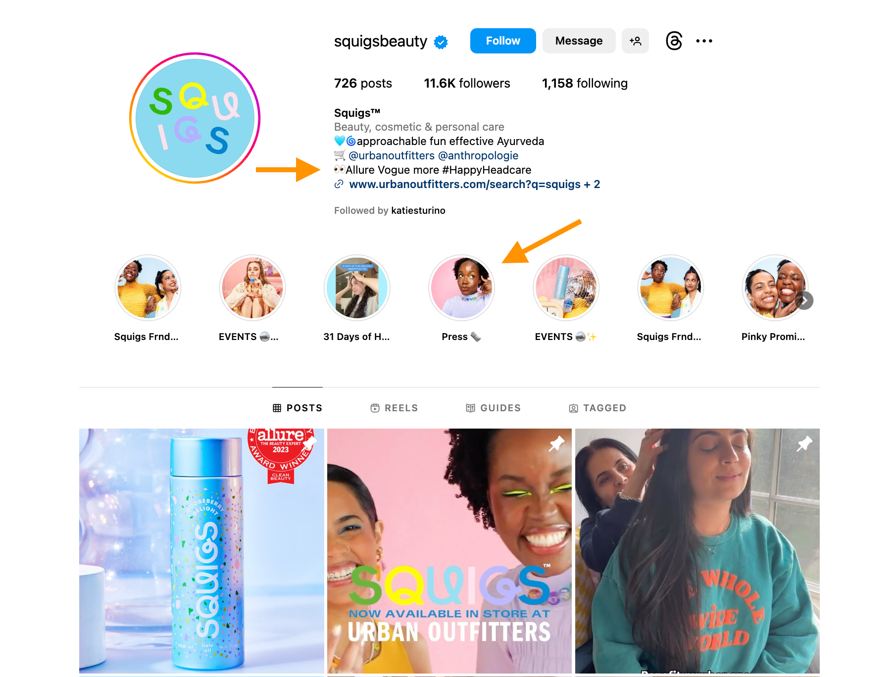 An instagram bio page for hair brand Squigs