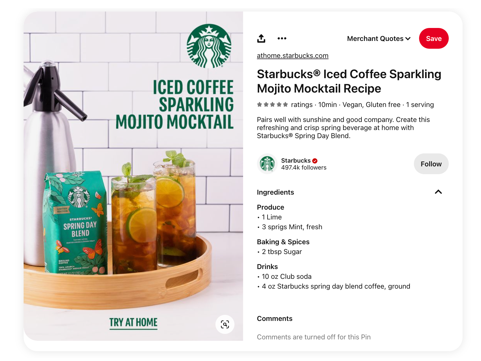 Starbucks pin showing ice coffee mojito mocktail mix