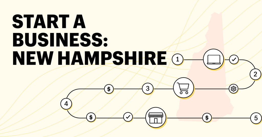 start a business new hampshire, outline of state, storefront, laptop screen, shopping cart, and cash $ icons