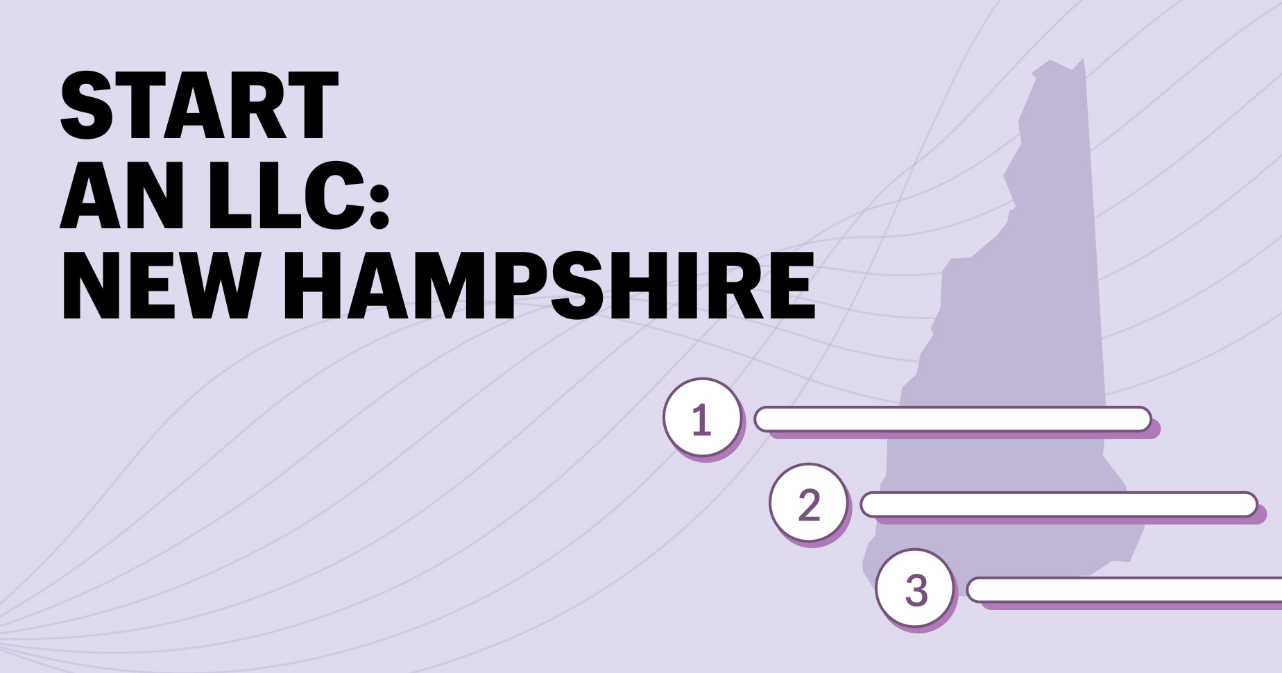 start an llc: new hampshire on left, right is silhouette of state with overlay of steps to indicate what it takes to start an llc in nh