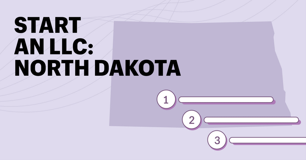 start an llc: north dakota on left, outline of north dakota and three lines with icons.
