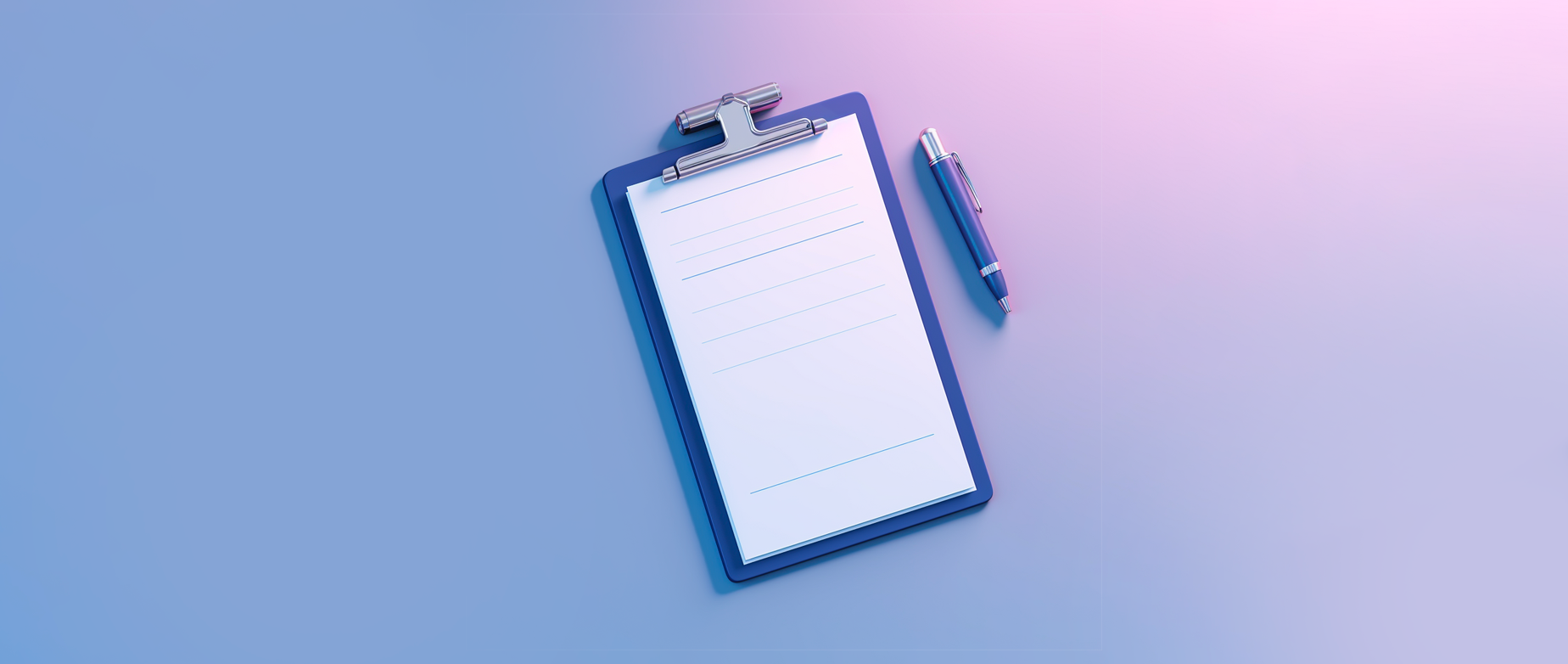 A clipboard with notes and a pen on a purple background.