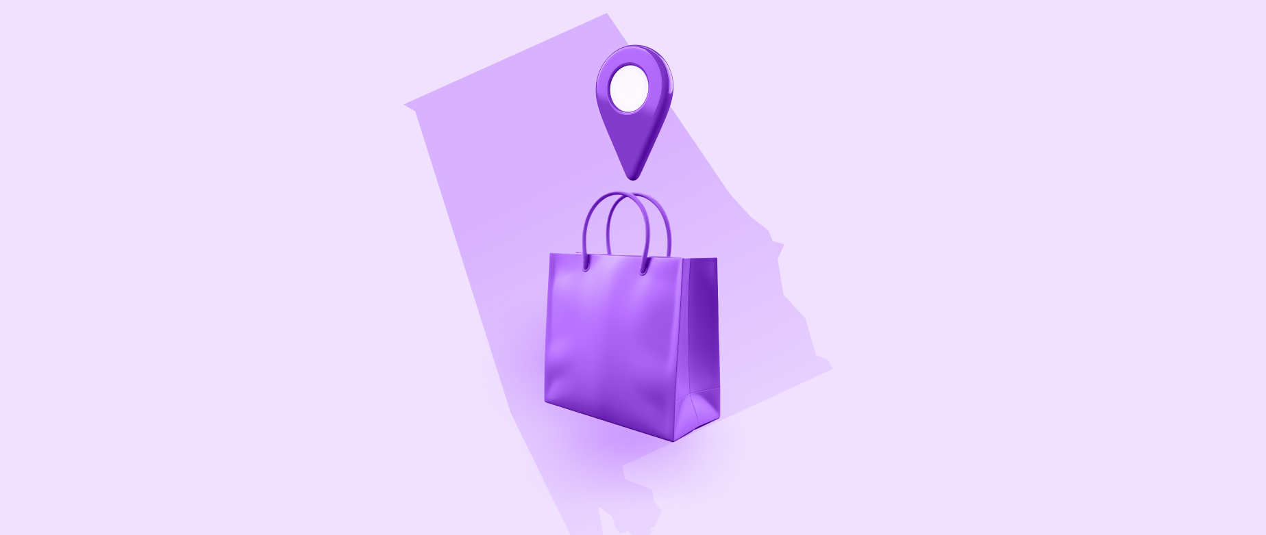 Purple outline of the state of Alabama with a shopping bag and location icon on a light purple background.