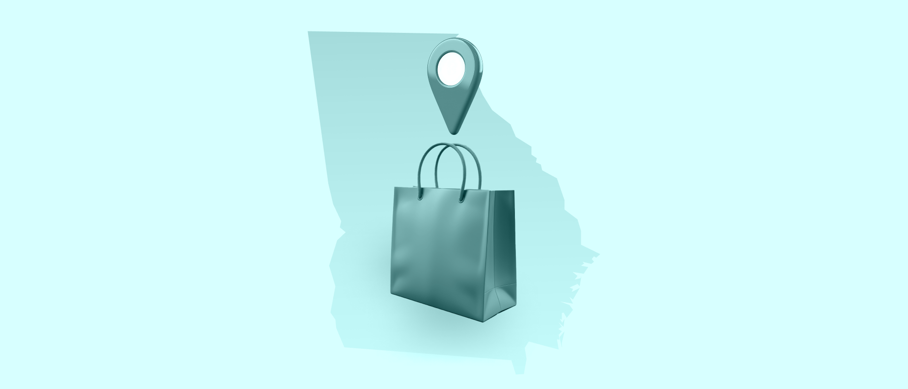 A blue outline of Georgia behind a blue shopping bag and location icon on a light blue background.