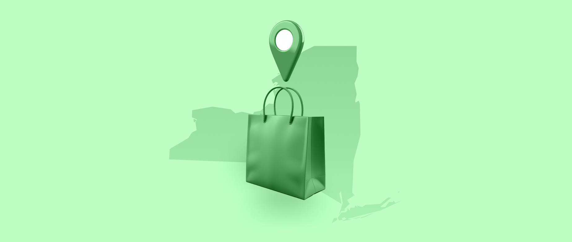 An outline of New York behind a green shopping bag and location icon on a green background.