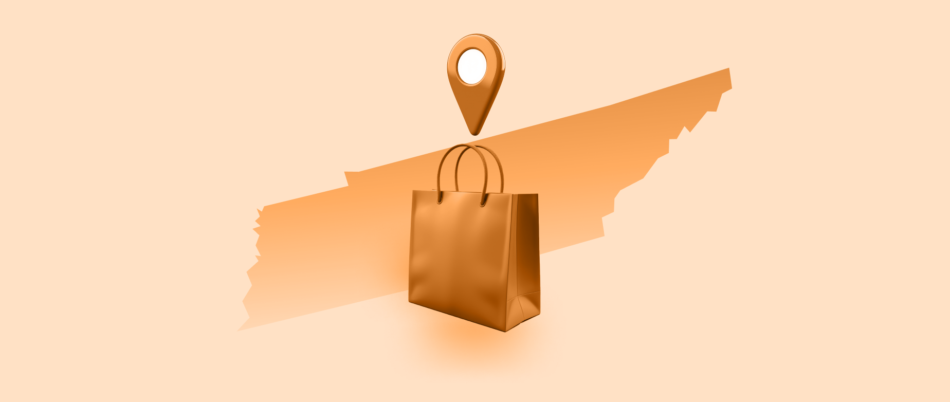 Orange outline of state of Tennessee with shopping bag and location icon on light orange background.