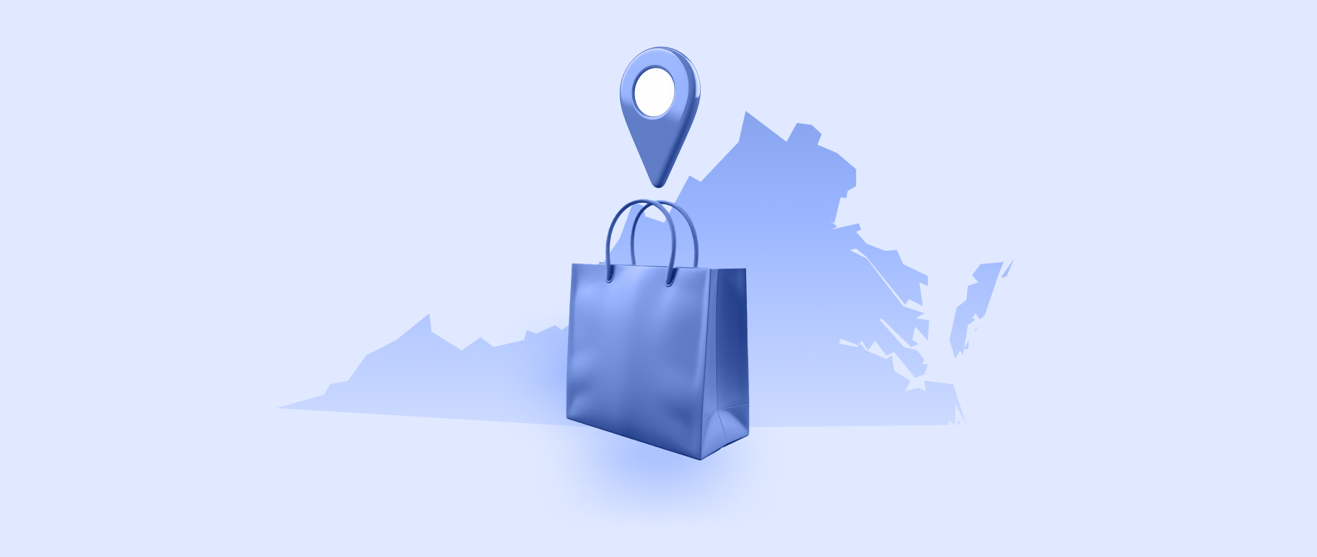 A blue outline of the state of Virginia with a shopping bag and location icon on a light blue background.