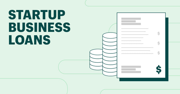 startup business loans on left, right is a pile of 3 papers that imply loan application