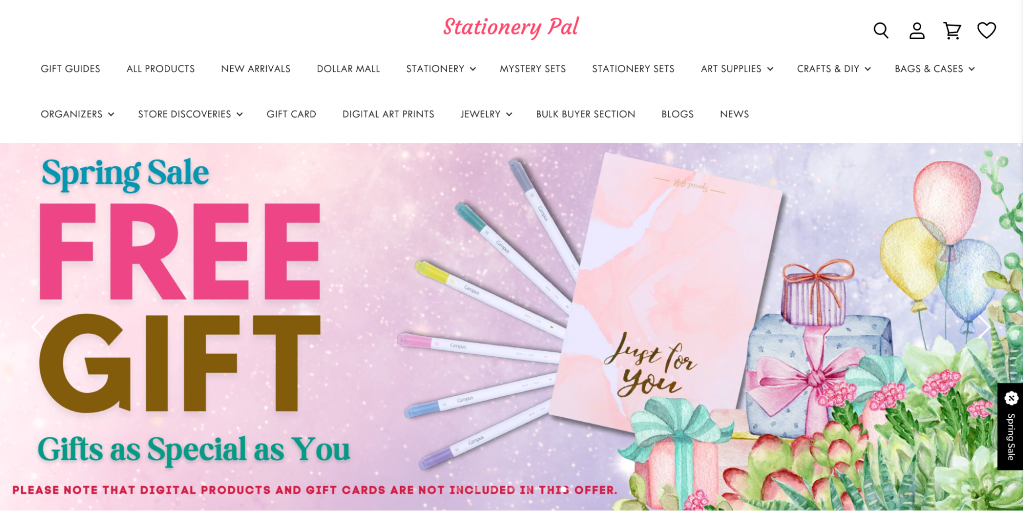 Screenshot of Stationery Pal’s homepage, featuring its spring sale