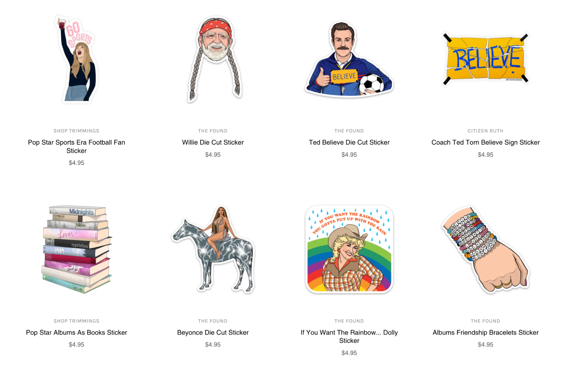 Topical print-on-demand stickers include Beyonce, Ted Lasso, and Willie Nelson-themed illustrations.