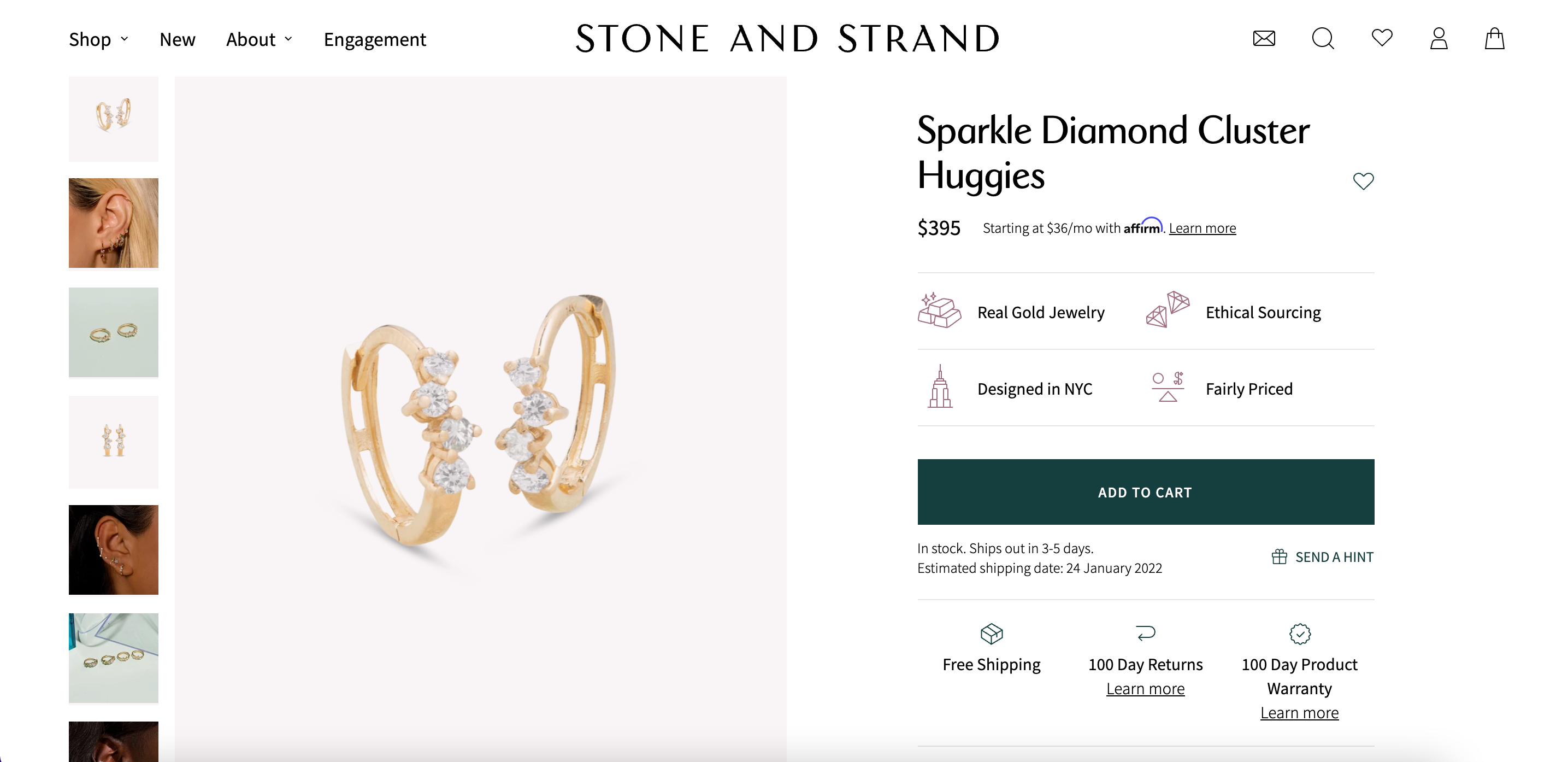 A screenshot of a Stone and Strand product page that includes shipping info