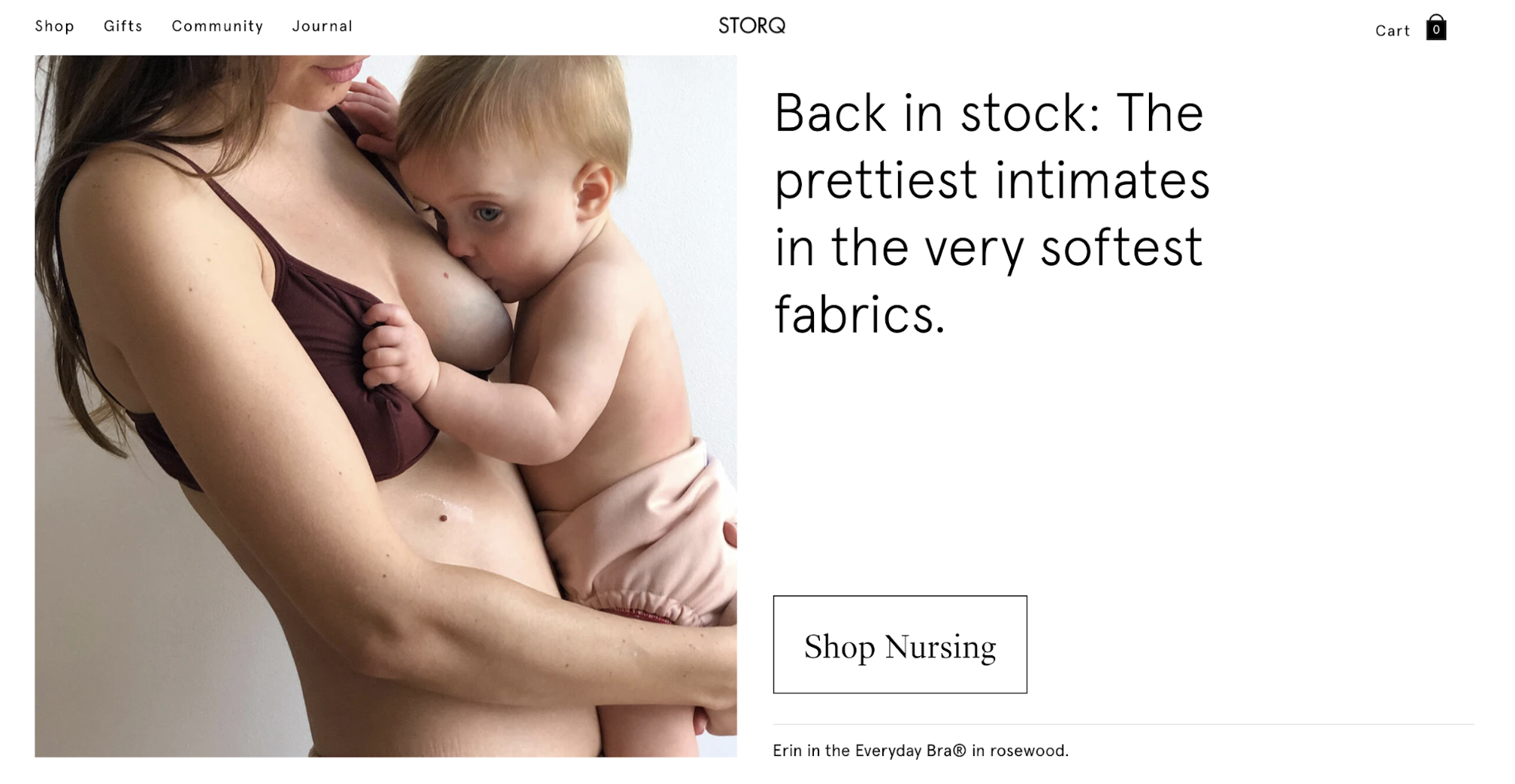 Storq homepage with a person breastfeeding a baby wearing Storq clothing