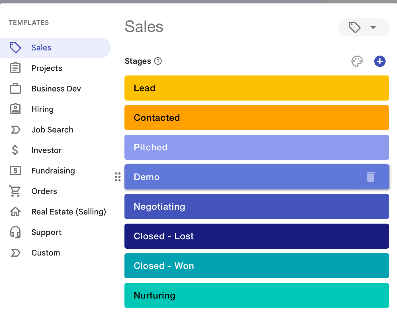 Sales pipeline with stages like Lead, Contacted, Pitched, Closed - Won, and Nurturing.
