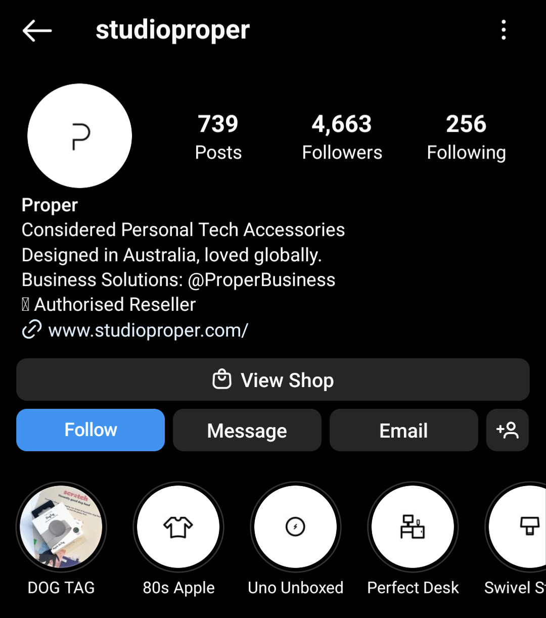 screenshot of Studio Proper Instagram bio